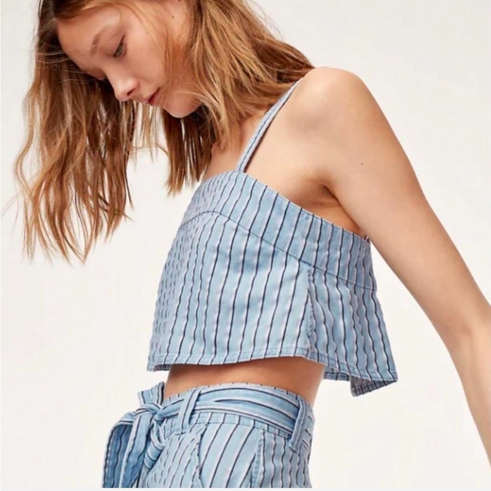 Aritzia Wilfred Free Pasha Tank Blue Striped Denim Cropped Top